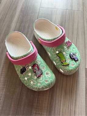 CROCS Mint Green Clogs with Pink Heel Strap and Character Charms